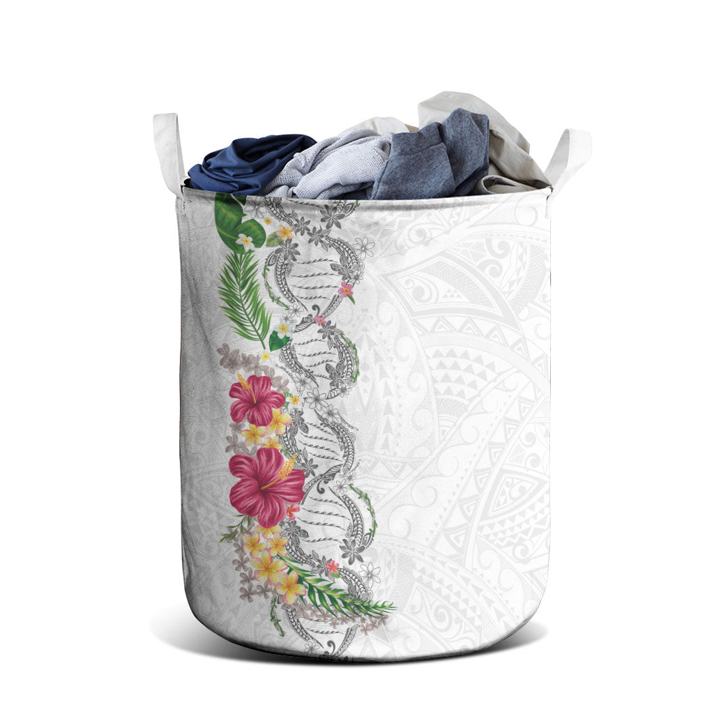 Hawaii DNA Kakau Tattoo Laundry Basket with Plumeria and Hibiscus Tropical Plants White Color LT03 - Polynesian Pride