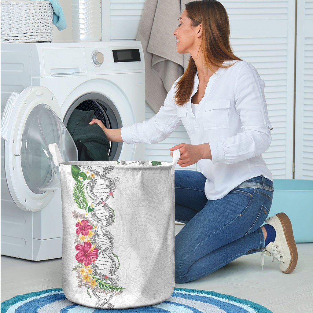 Hawaii DNA Kakau Tattoo Laundry Basket with Plumeria and Hibiscus Tropical Plants White Color LT03 - Polynesian Pride