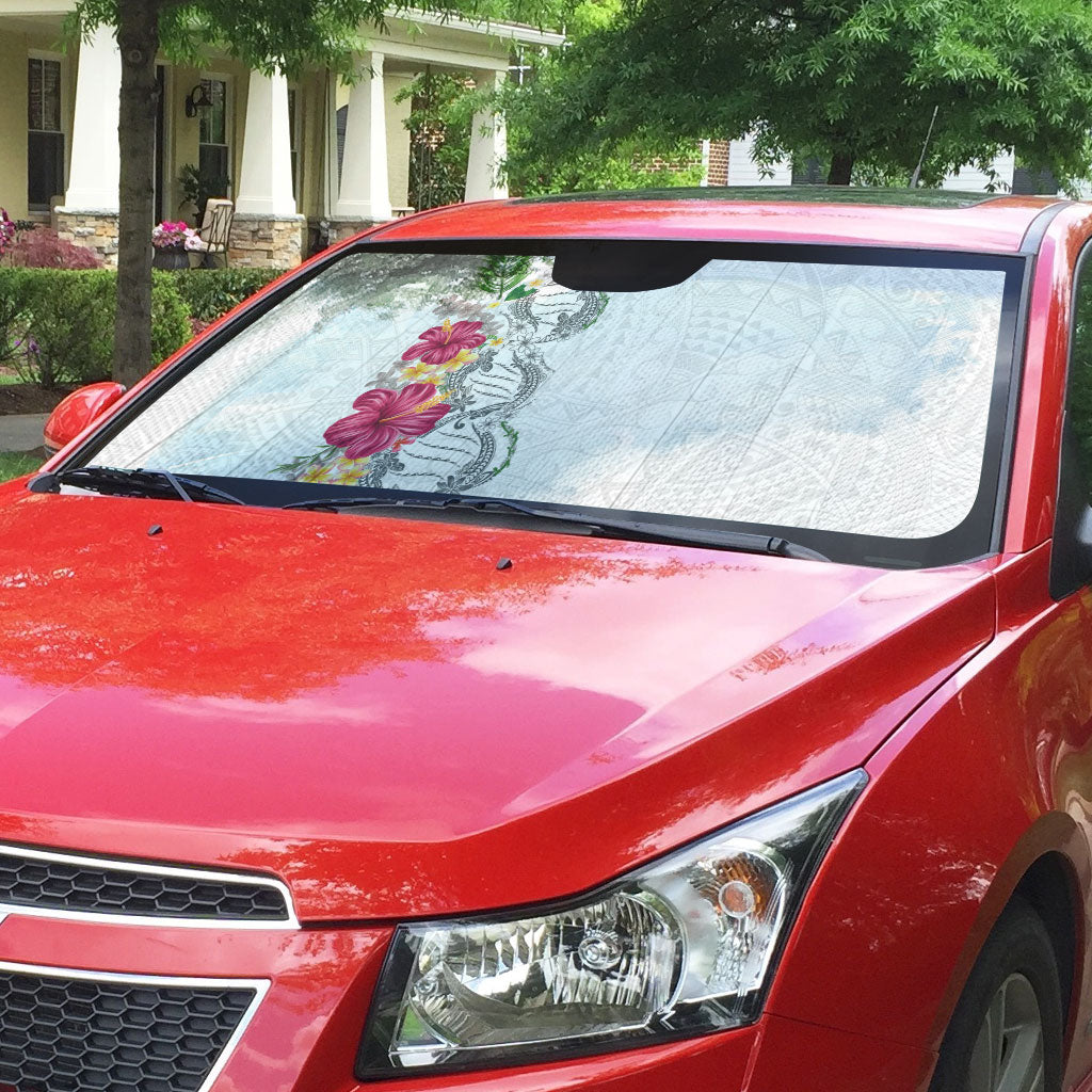 Hawaii DNA Kakau Tattoo Auto Sun Shade with Plumeria and Hibiscus Tropical Plants White Color LT03 - Polynesian Pride
