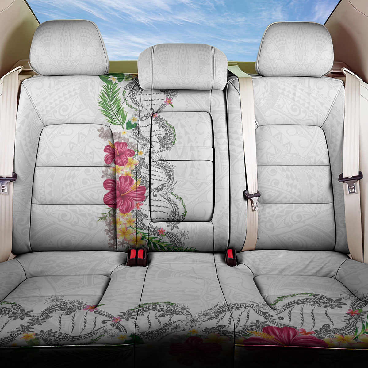 Hawaii DNA Kakau Tattoo Back Car Seat Cover with Plumeria and Hibiscus Tropical Plants White Color LT03 One Size White - Polynesian Pride