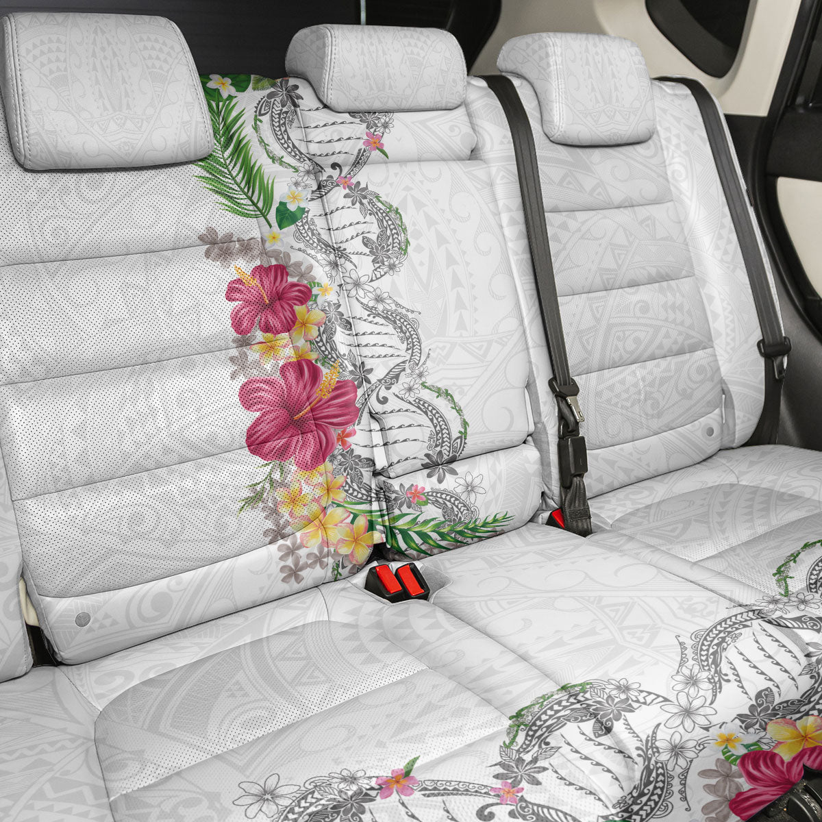Hawaii DNA Kakau Tattoo Back Car Seat Cover with Plumeria and Hibiscus Tropical Plants White Color LT03 - Polynesian Pride