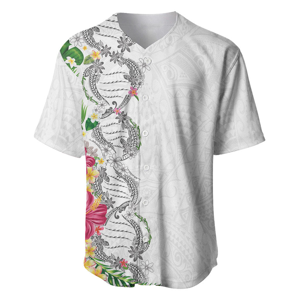 Hawaii DNA Kakau Tattoo Baseball Jersey with Plumeria and Hibiscus Tropical Plants White Color LT03 White - Polynesian Pride