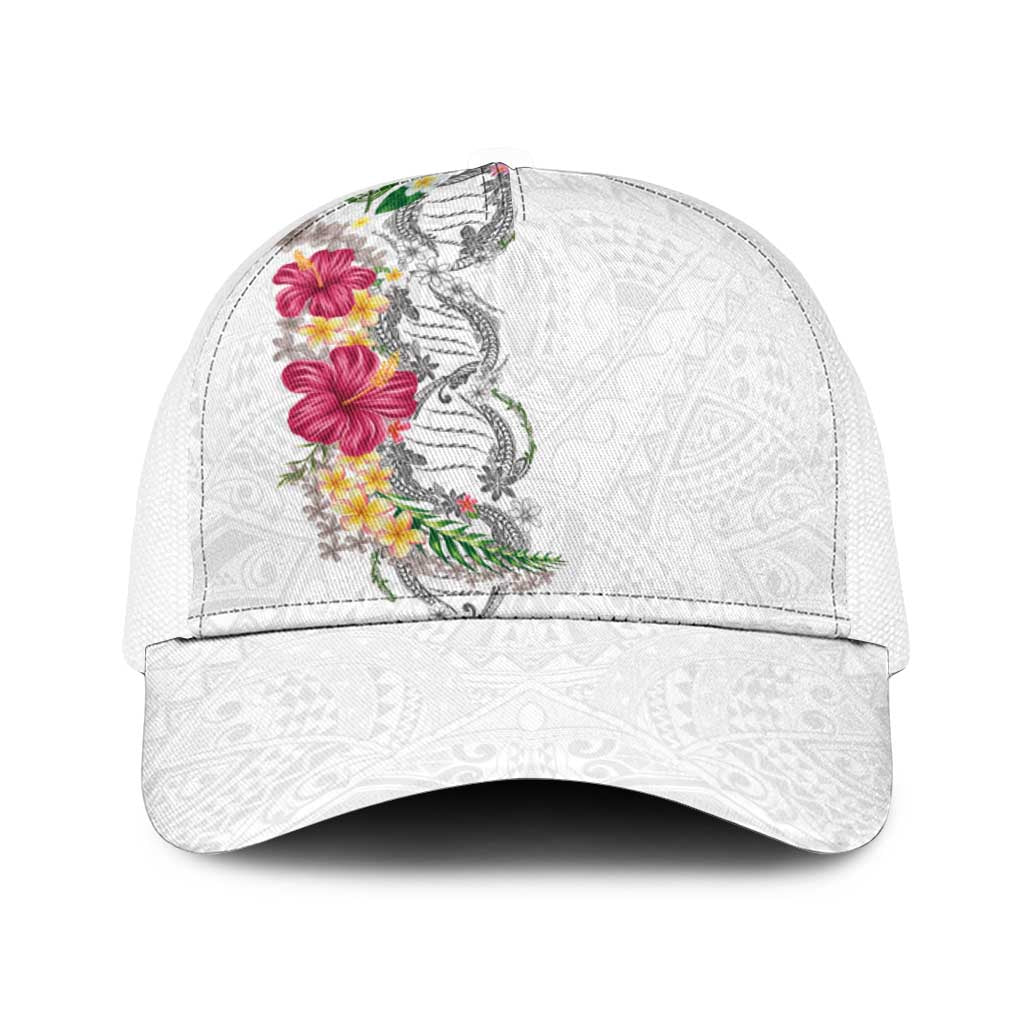 Hawaii DNA Kakau Tattoo Baseball Net Cap with Plumeria and Hibiscus Tropical Plants White Color LT03 One Size White White - Polynesian Pride