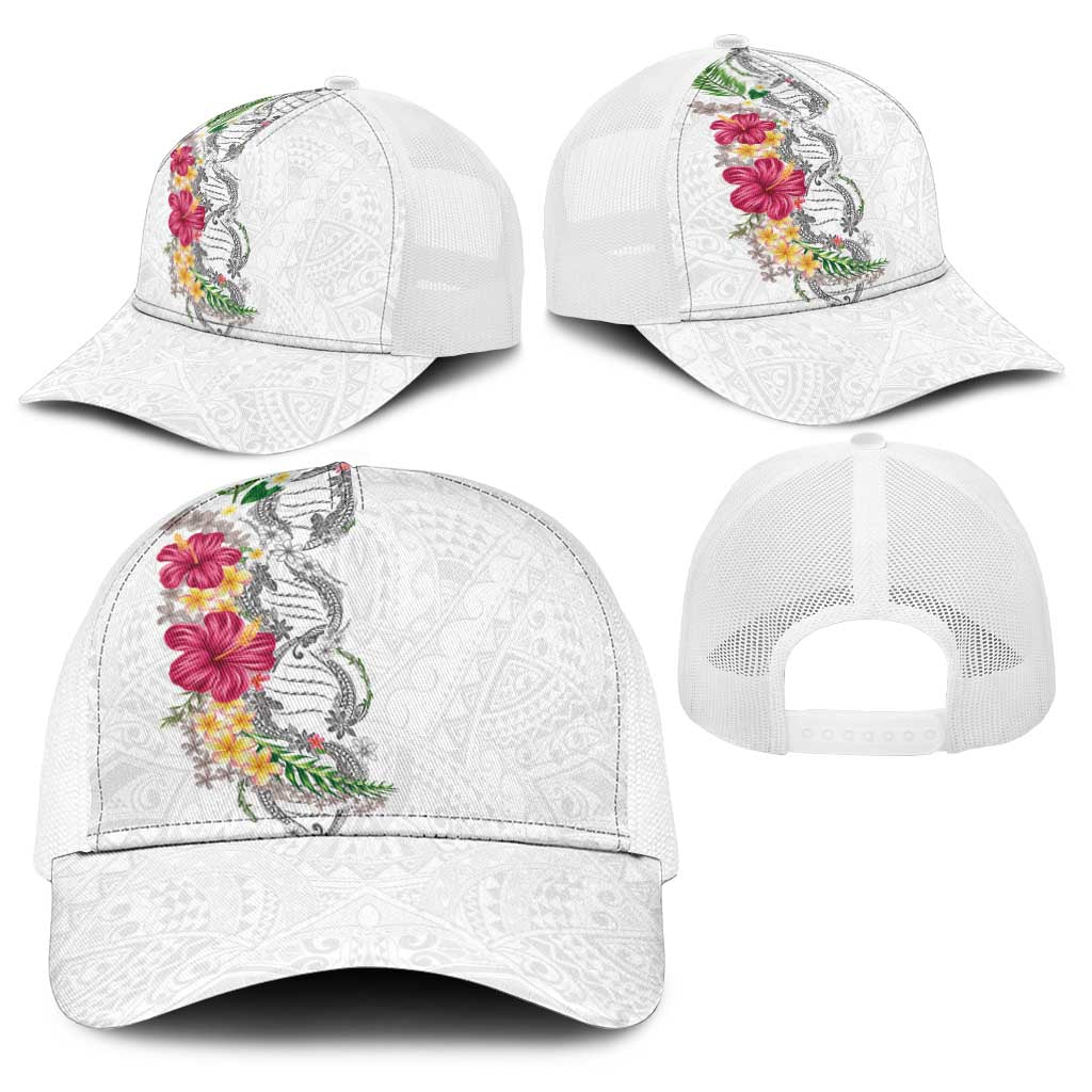Hawaii DNA Kakau Tattoo Baseball Net Cap with Plumeria and Hibiscus Tropical Plants White Color LT03 - Polynesian Pride