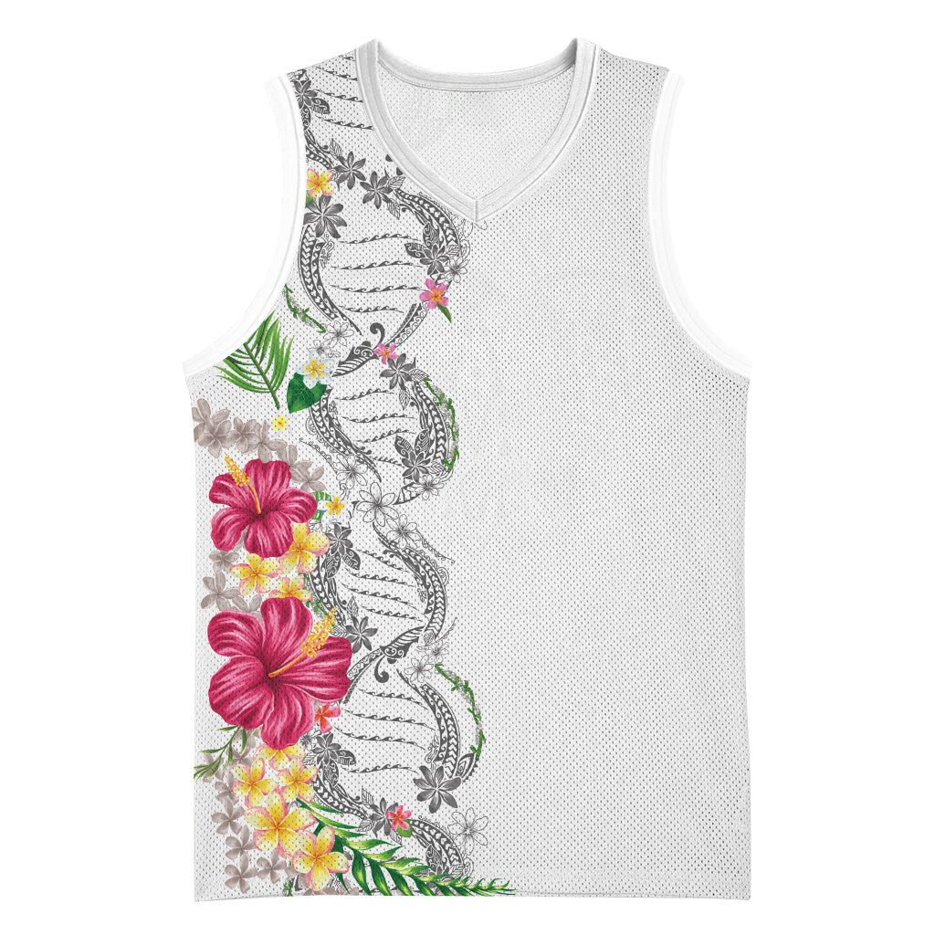 Hawaii DNA Kakau Tattoo Basketball Jersey with Plumeria and Hibiscus Tropical Plants White Color LT03 Unisex White - Polynesian Pride