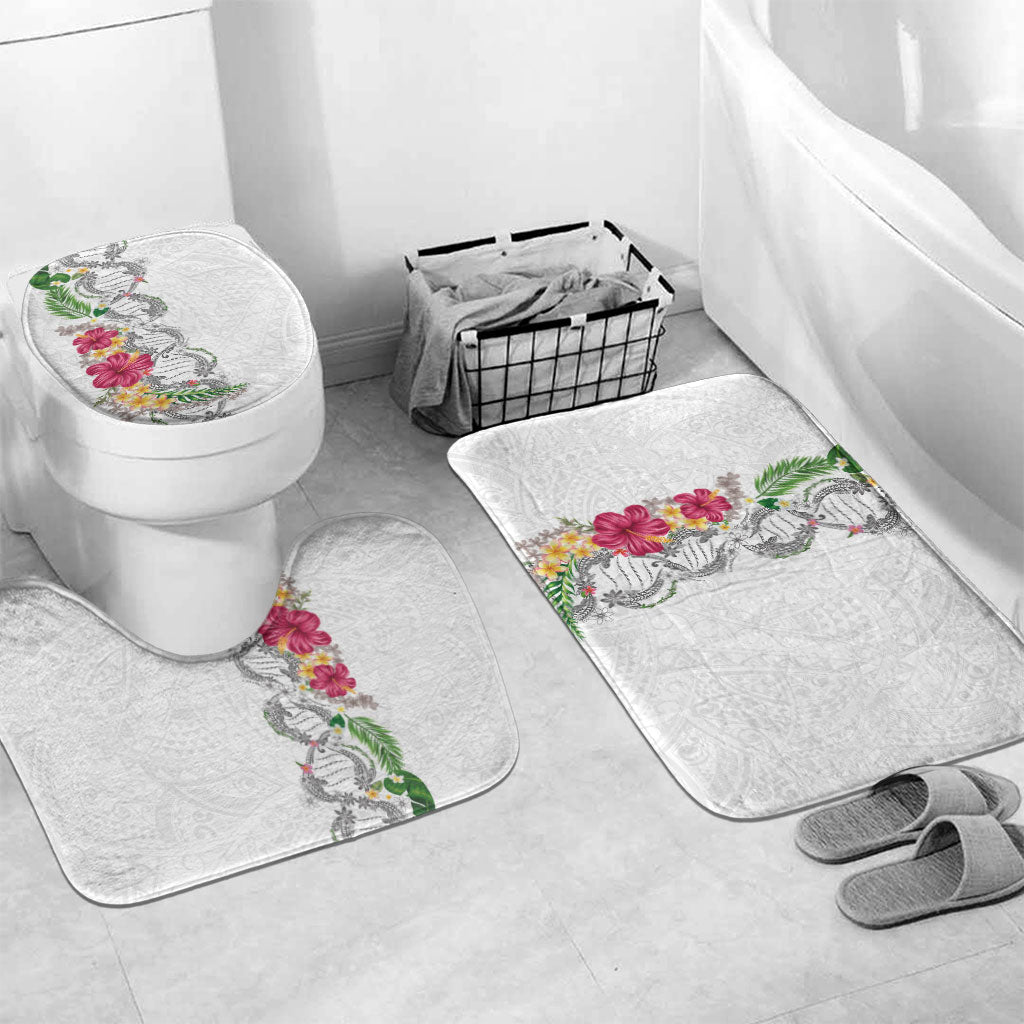 Hawaii DNA Kakau Tattoo Bathroom Set with Plumeria and Hibiscus Tropical Plants White Color LT03 Mat Set Only (3 pcs) One Size White - Polynesian Pride