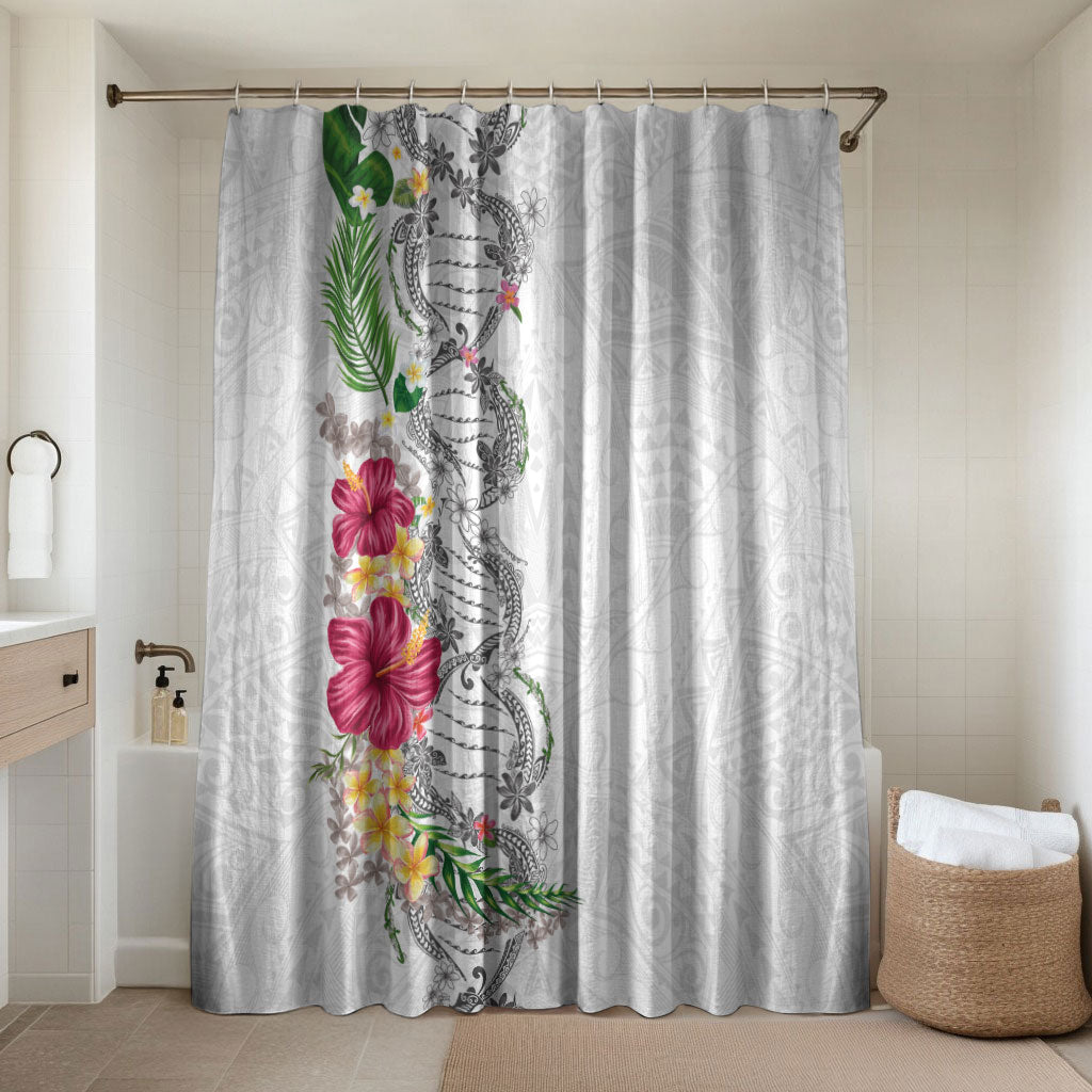 Hawaii DNA Kakau Tattoo Bathroom Set with Plumeria and Hibiscus Tropical Plants White Color LT03 Shower Curtain Only White - Polynesian Pride
