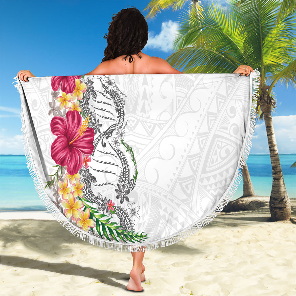 Hawaii DNA Kakau Tattoo Beach Blanket with Plumeria and Hibiscus Tropical Plants White Color LT03 - Polynesian Pride