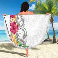 Hawaii DNA Kakau Tattoo Beach Blanket with Plumeria and Hibiscus Tropical Plants White Color LT03 - Polynesian Pride