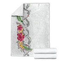 Hawaii DNA Kakau Tattoo Blanket with Plumeria and Hibiscus Tropical Plants White Color LT03 - Polynesian Pride