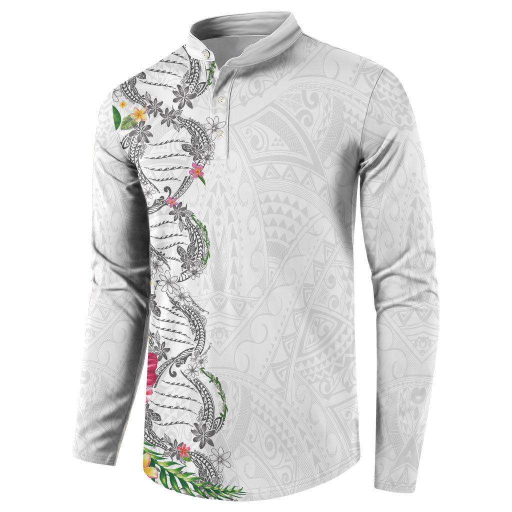 Hawaii DNA Kakau Tattoo Button Sweatshirt with Plumeria and Hibiscus Tropical Plants White Color