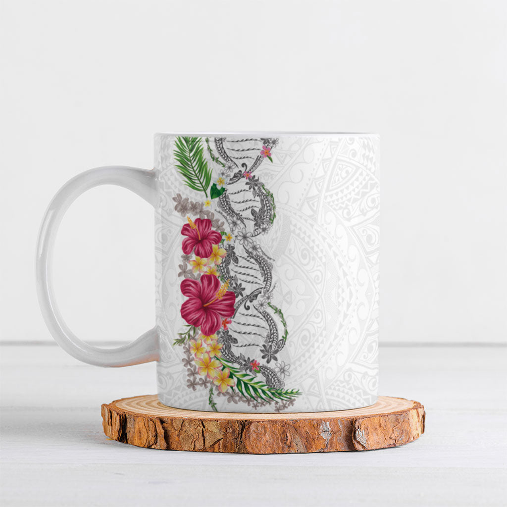 Hawaii DNA Kakau Tattoo Ceramic Mug with Plumeria and Hibiscus Tropical Plants White Color LT03 White - Polynesian Pride