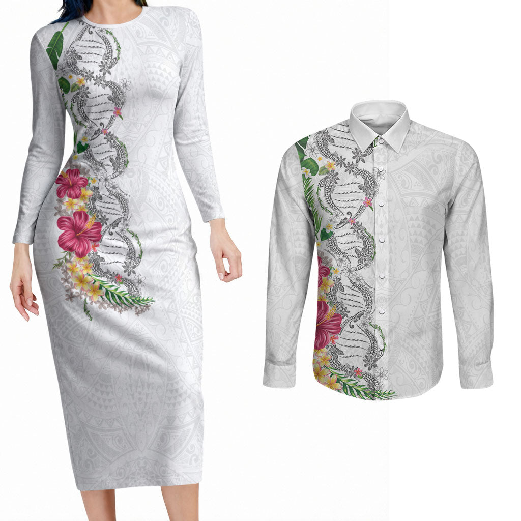 Hawaii DNA Kakau Tattoo Couples Matching Long Sleeve Bodycon Dress and Long Sleeve Button Shirt with Plumeria and Hibiscus Tropical Plants White Color LT03 White - Polynesian Pride