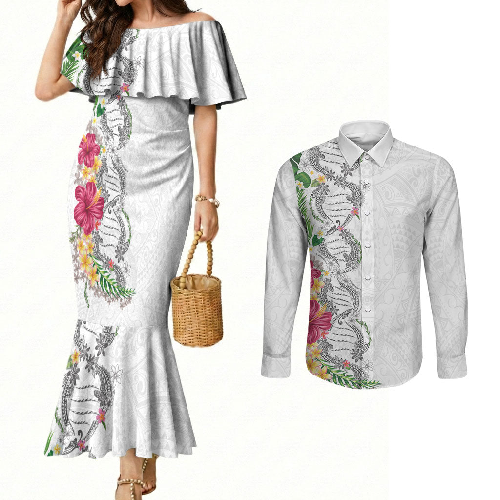 Hawaii DNA Kakau Tattoo Couples Matching Mermaid Dress and Long Sleeve Button Shirt with Plumeria and Hibiscus Tropical Plants White Color LT03 White - Polynesian Pride