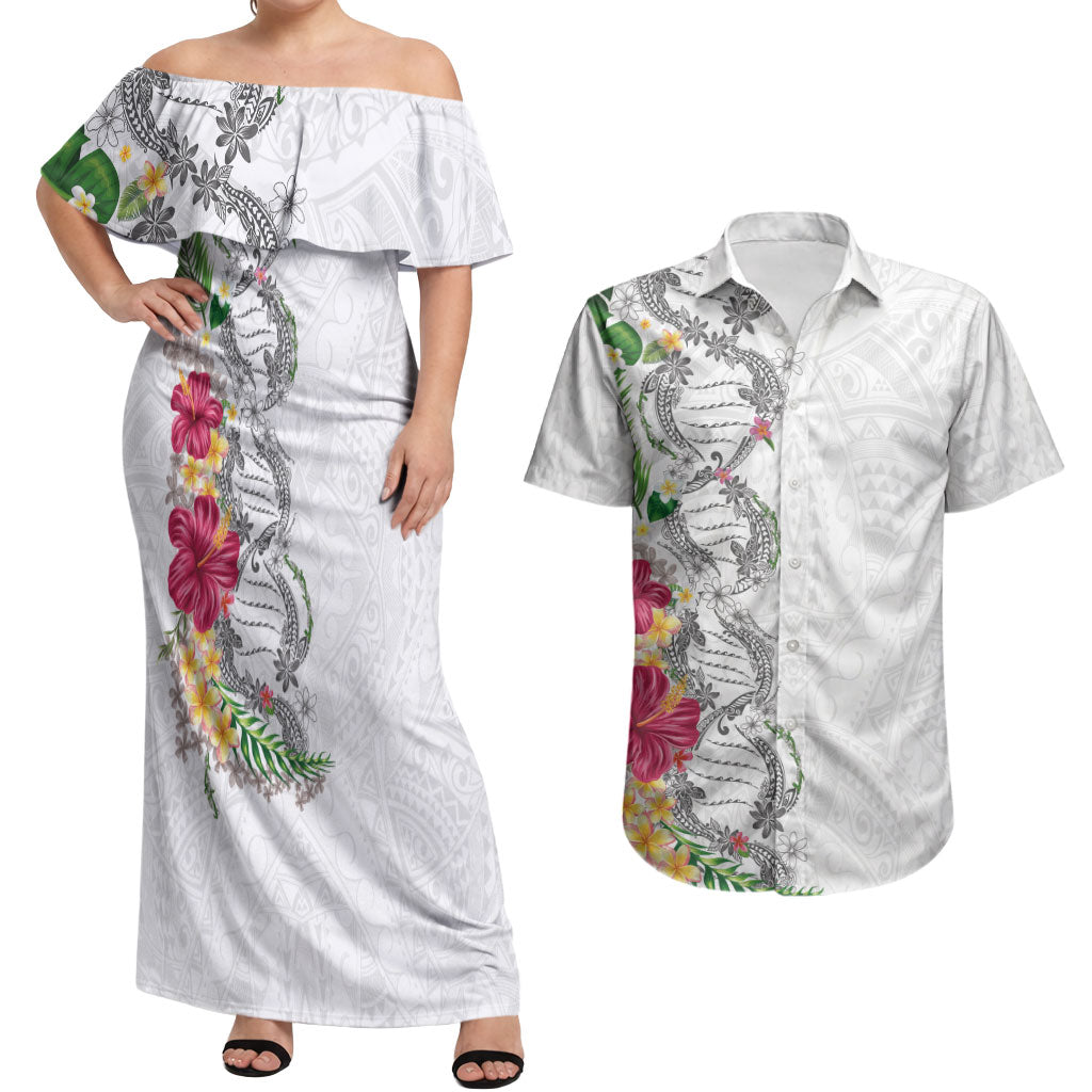 Hawaii DNA Kakau Tattoo Couples Matching Off Shoulder Maxi Dress and Hawaiian Shirt with Plumeria and Hibiscus Tropical Plants White Color LT03 White - Polynesian Pride