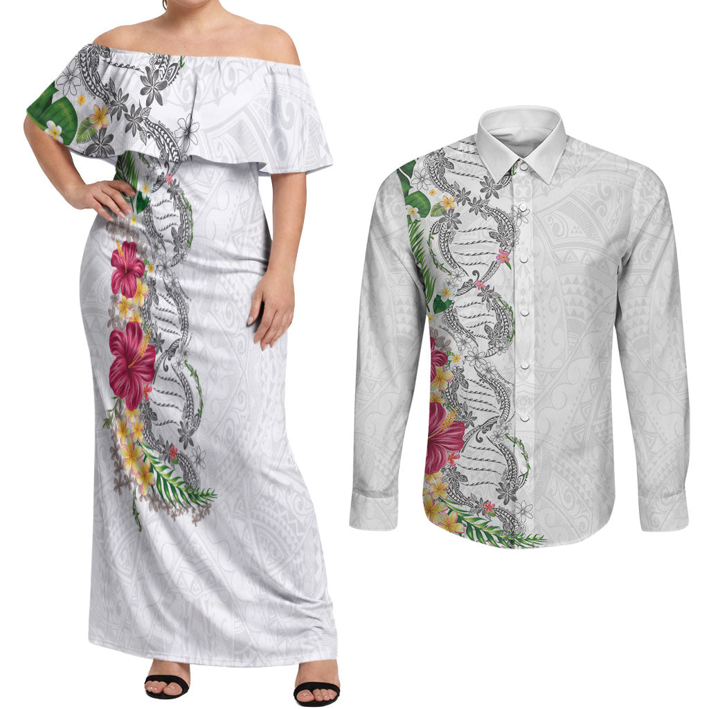 Hawaii DNA Kakau Tattoo Couples Matching Off Shoulder Maxi Dress and Long Sleeve Button Shirt with Plumeria and Hibiscus Tropical Plants White Color LT03 White - Polynesian Pride