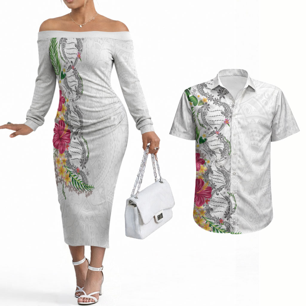 Hawaii DNA Kakau Tattoo Couples Matching Off The Shoulder Long Sleeve Dress and Hawaiian Shirt with Plumeria and Hibiscus Tropical Plants White Color LT03 White - Polynesian Pride