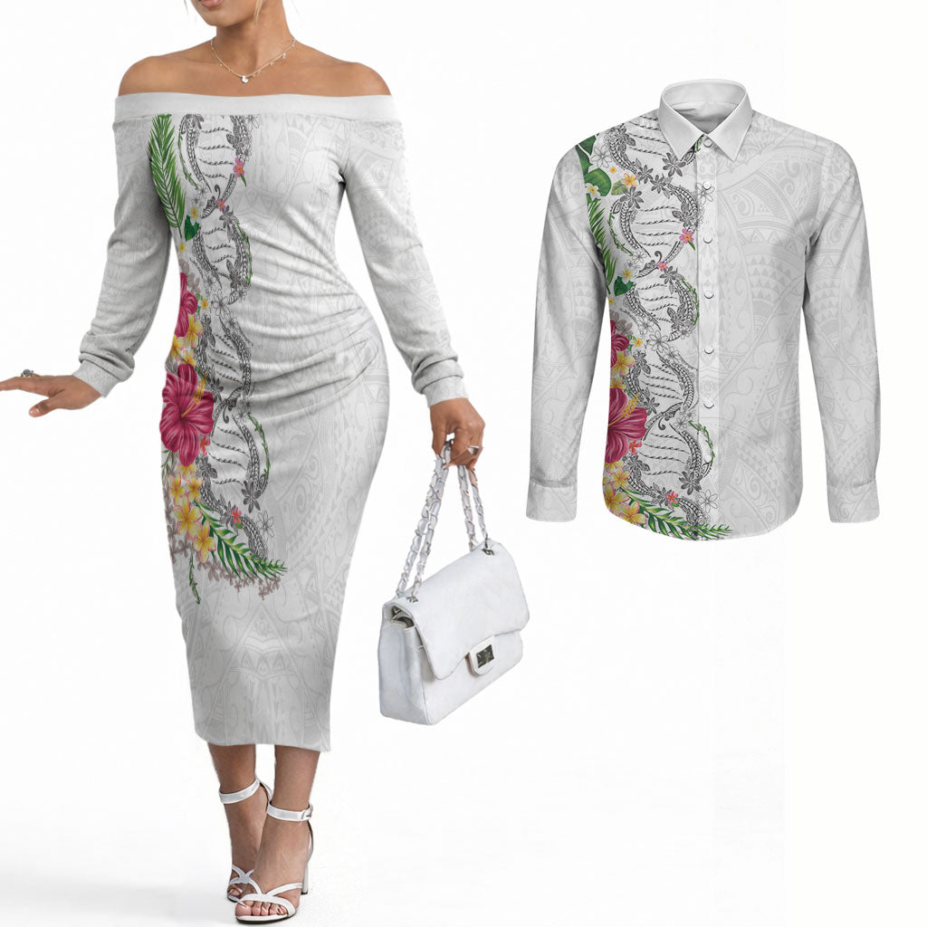 Hawaii DNA Kakau Tattoo Couples Matching Off The Shoulder Long Sleeve Dress and Long Sleeve Button Shirt with Plumeria and Hibiscus Tropical Plants White Color LT03 White - Polynesian Pride