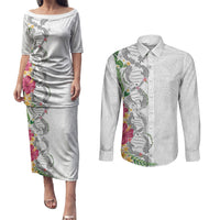 Hawaii DNA Kakau Tattoo Couples Matching Puletasi and Long Sleeve Button Shirt with Plumeria and Hibiscus Tropical Plants White Color LT03 White - Polynesian Pride