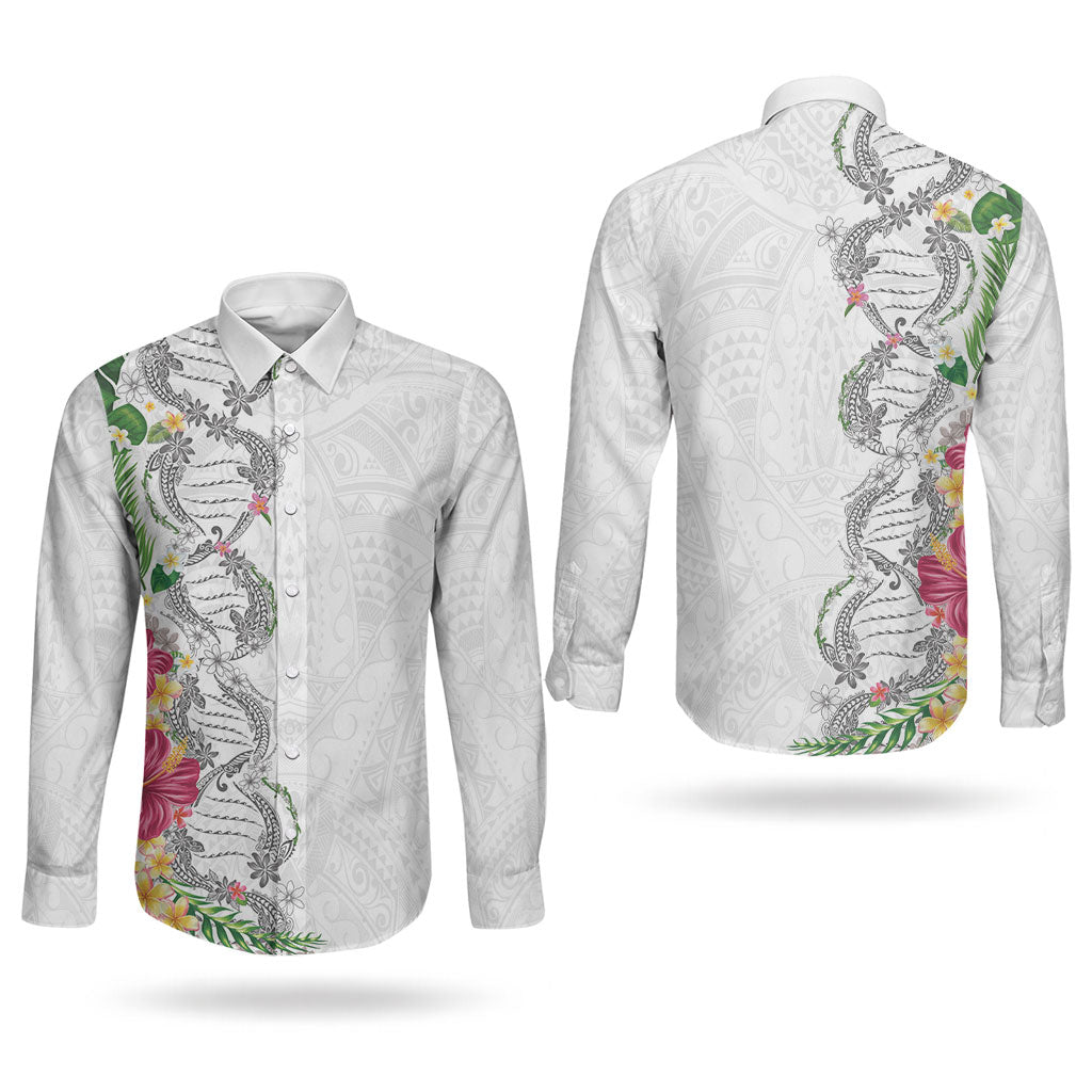 Hawaii DNA Kakau Tattoo Couples Matching Puletasi and Long Sleeve Button Shirt with Plumeria and Hibiscus Tropical Plants White Color LT03 - Polynesian Pride