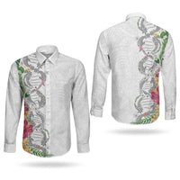 Hawaii DNA Kakau Tattoo Couples Matching Puletasi and Long Sleeve Button Shirt with Plumeria and Hibiscus Tropical Plants White Color LT03 - Polynesian Pride