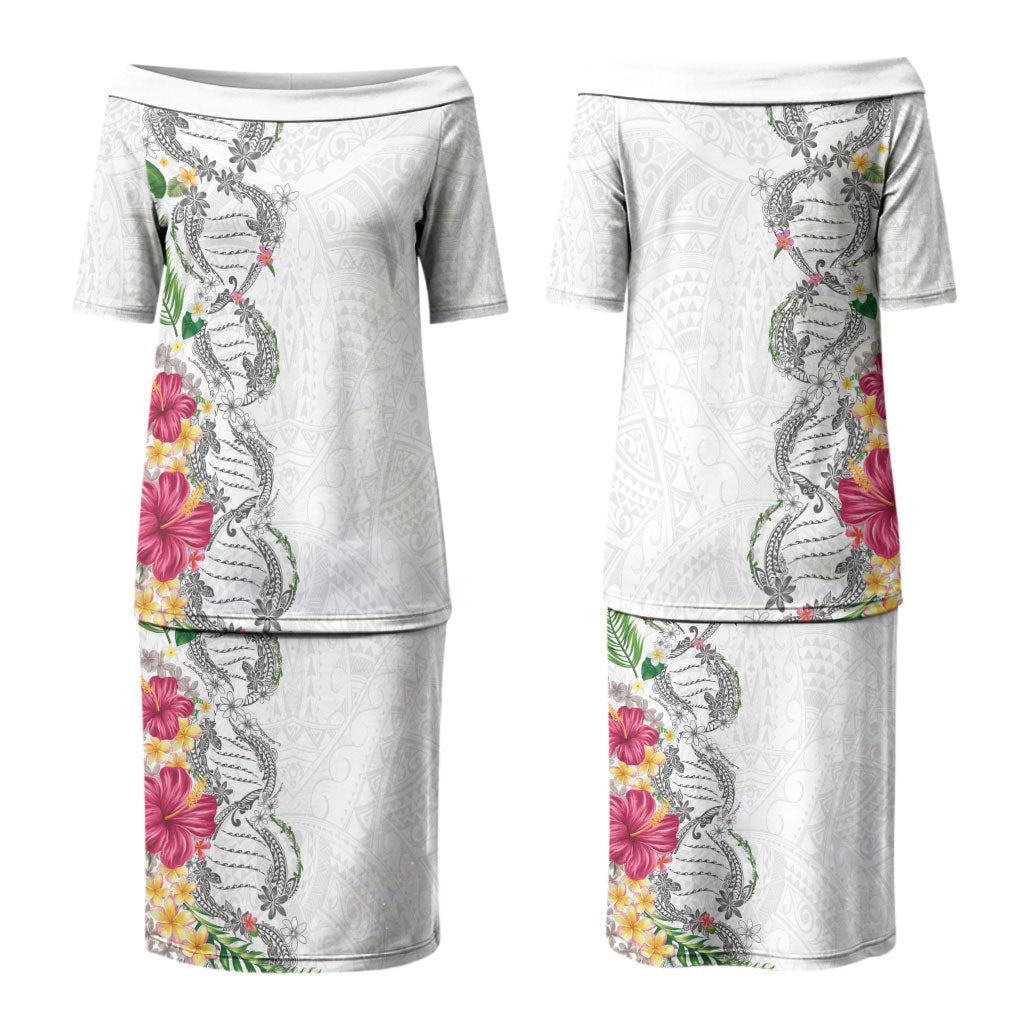 Hawaii DNA Kakau Tattoo Couples Matching Puletasi and Long Sleeve Button Shirt with Plumeria and Hibiscus Tropical Plants White Color LT03 - Polynesian Pride