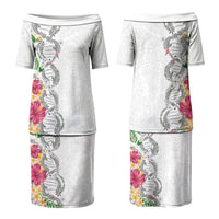 Hawaii DNA Kakau Tattoo Couples Matching Puletasi and Long Sleeve Button Shirt with Plumeria and Hibiscus Tropical Plants White Color LT03 - Polynesian Pride