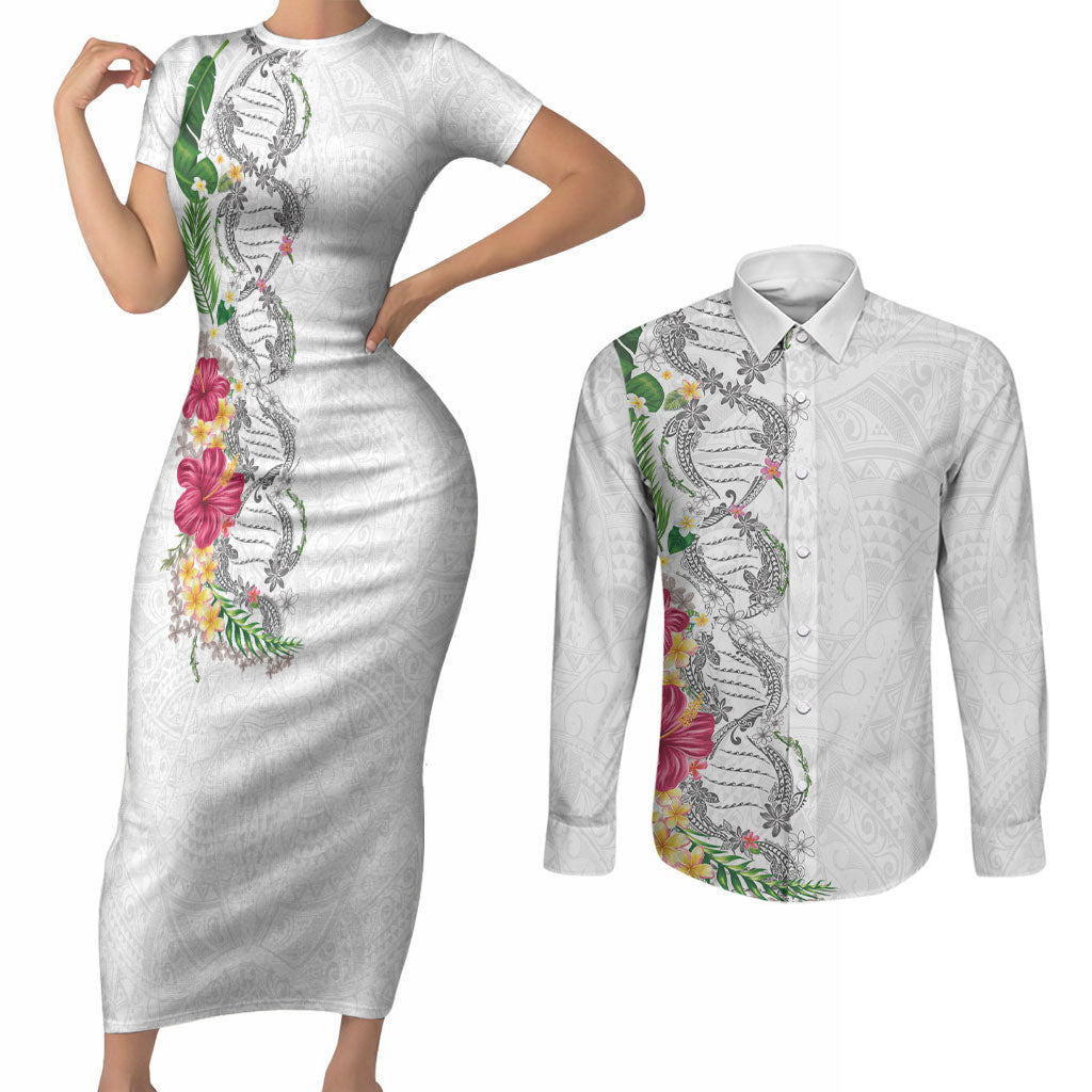 Hawaii DNA Kakau Tattoo Couples Matching Short Sleeve Bodycon Dress and Long Sleeve Button Shirt with Plumeria and Hibiscus Tropical Plants White Color LT03 White - Polynesian Pride