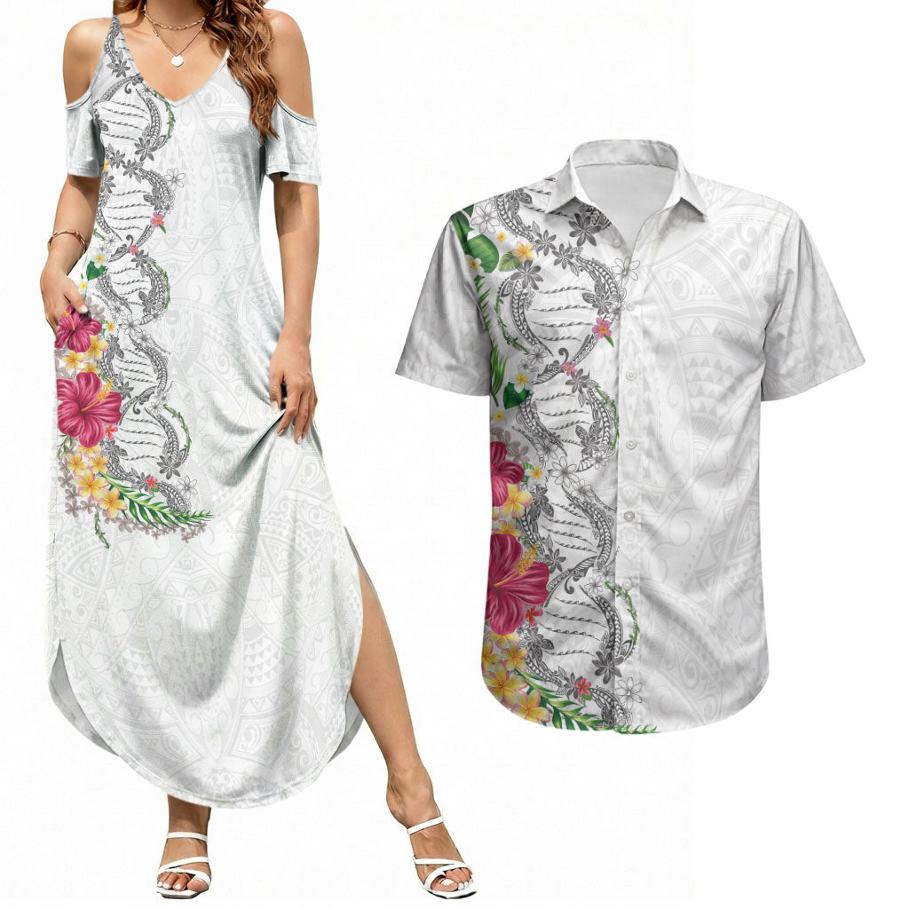 Hawaii DNA Kakau Tattoo Couples Matching Summer Maxi Dress and Hawaiian Shirt with Plumeria and Hibiscus Tropical Plants White Color LT03 White - Polynesian Pride