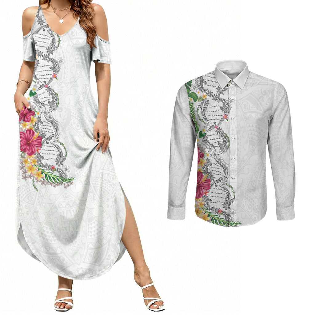 Hawaii DNA Kakau Tattoo Couples Matching Summer Maxi Dress and Long Sleeve Button Shirt with Plumeria and Hibiscus Tropical Plants White Color LT03 White - Polynesian Pride