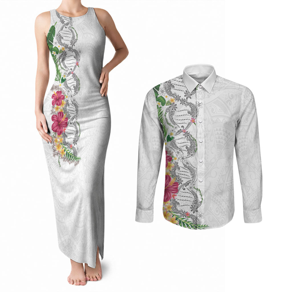 Hawaii DNA Kakau Tattoo Couples Matching Tank Maxi Dress and Long Sleeve Button Shirt with Plumeria and Hibiscus Tropical Plants White Color LT03 White - Polynesian Pride