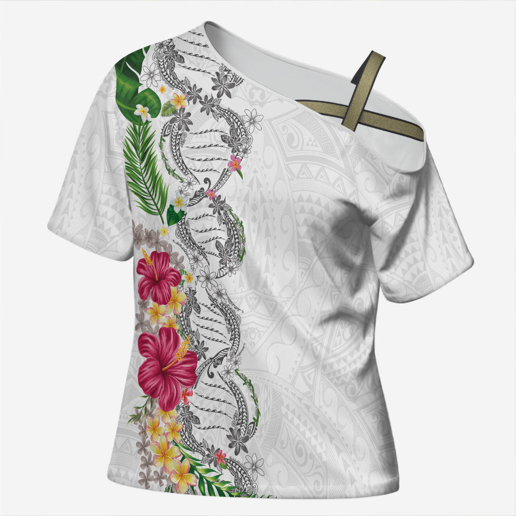 Hawaii DNA Kakau Tattoo Cross Shoulder Shirt with Plumeria and Hibiscus Tropical Plants White Color LT03 Female White - Polynesian Pride