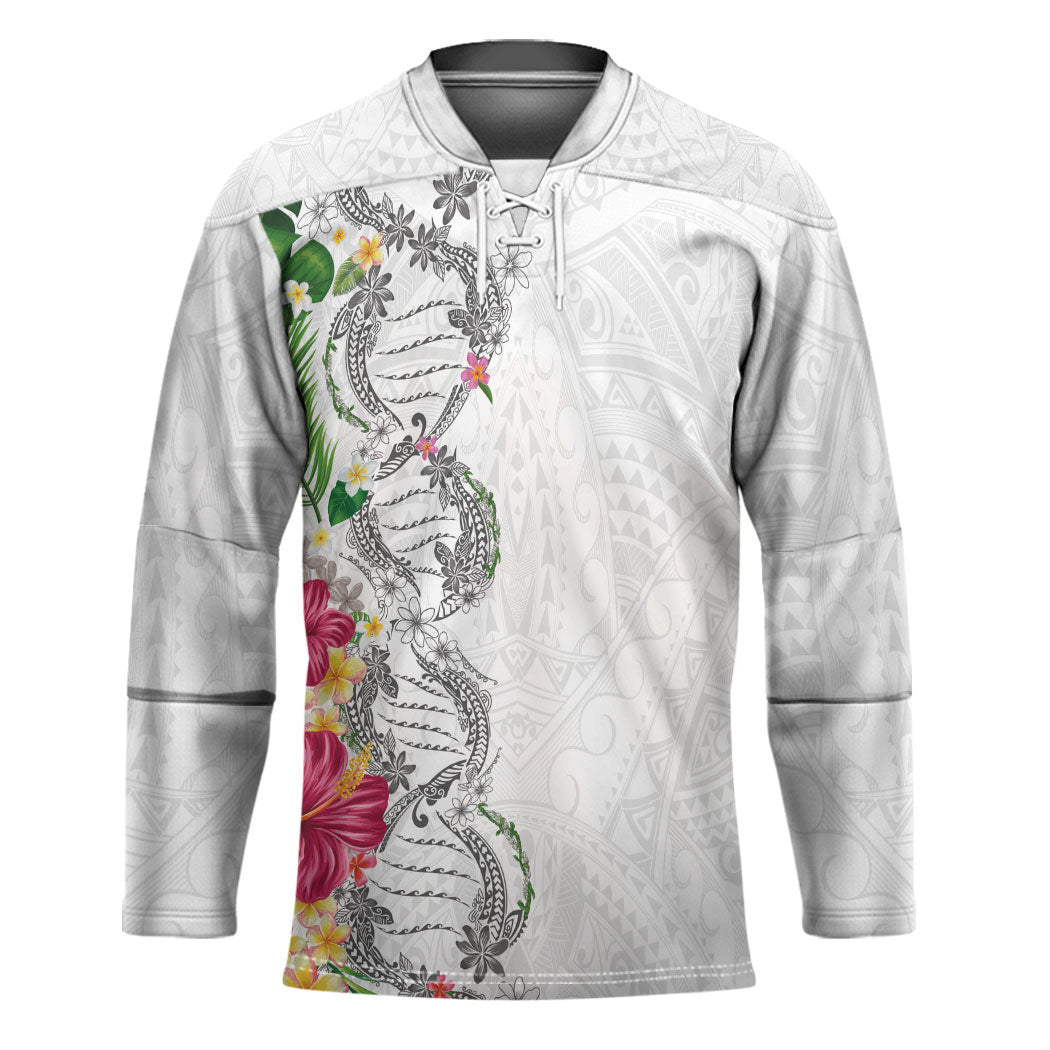 Hawaii DNA Kakau Tattoo Hockey Jersey with Plumeria and Hibiscus Tropical Plants White Color LT03 Unisex White - Polynesian Pride