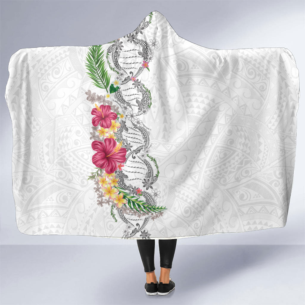 Hawaii DNA Kakau Tattoo Hooded Blanket with Plumeria and Hibiscus Tropical Plants White Color LT03 One Size White - Polynesian Pride