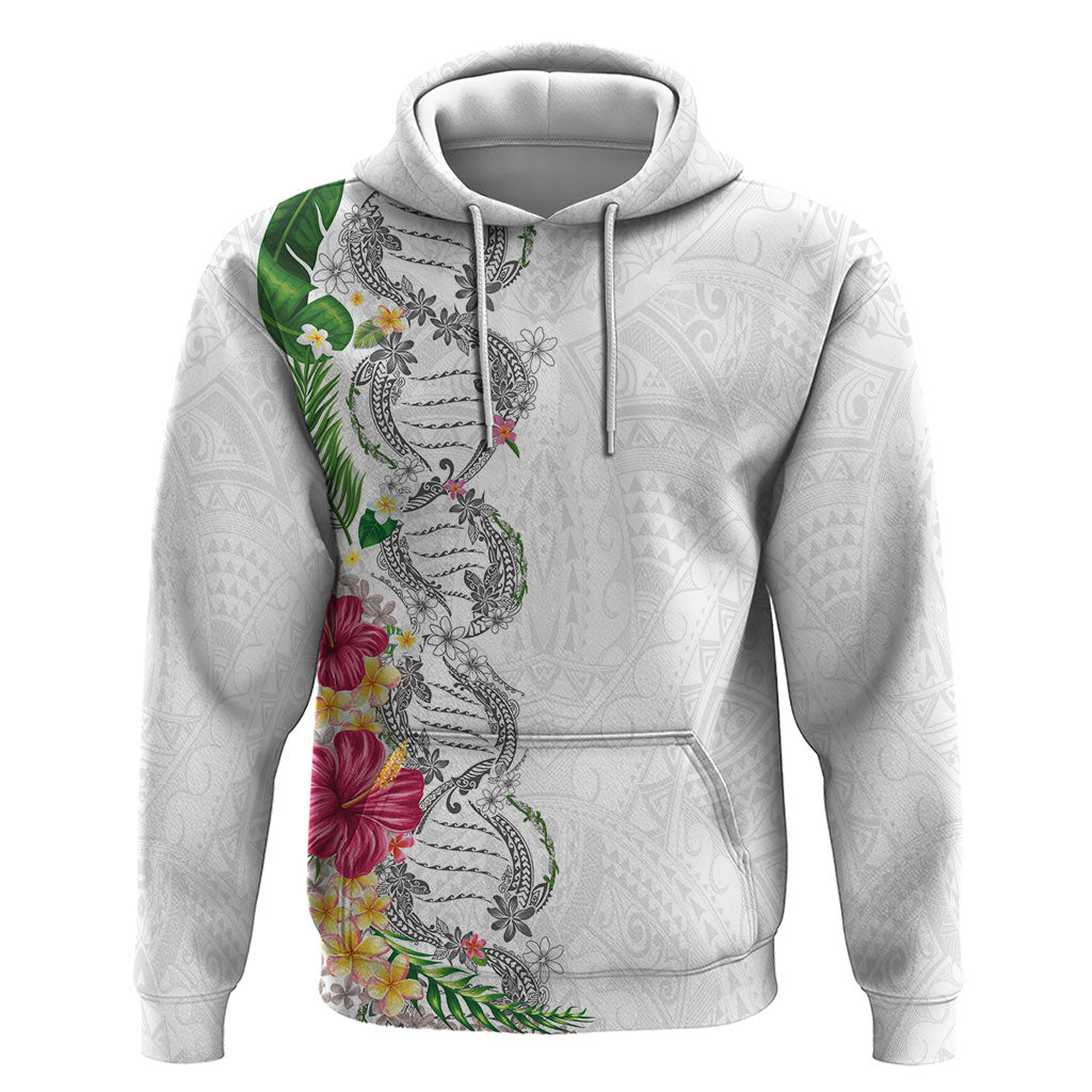 Hawaii DNA Kakau Tattoo Hoodie with Plumeria and Hibiscus Tropical Plants White Color LT03 Pullover Hoodie White - Polynesian Pride