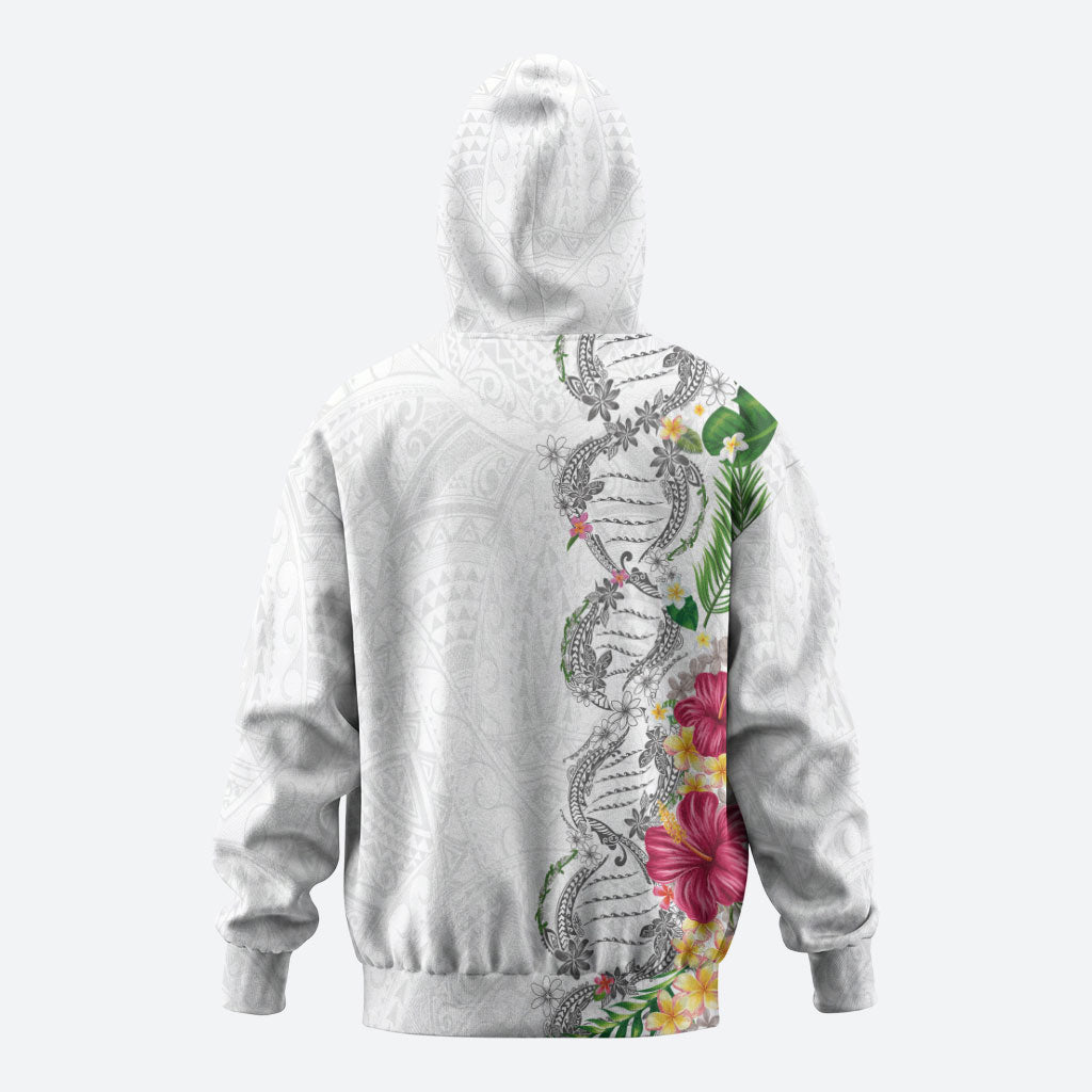 Hawaii DNA Kakau Tattoo Hoodie with Plumeria and Hibiscus Tropical Plants White Color