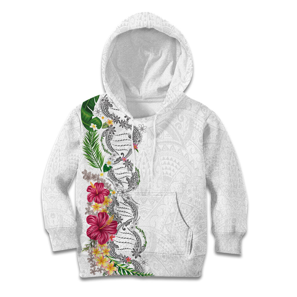 Hawaii DNA Kakau Tattoo Kid Hoodie with Plumeria and Hibiscus Tropical Plants White Color LT03 Hoodie White - Polynesian Pride