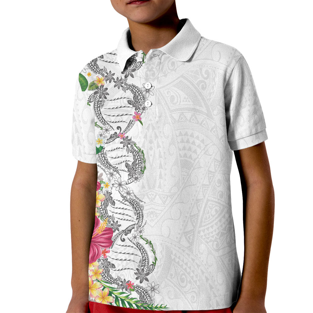Hawaii DNA Kakau Tattoo Kid Polo Shirt with Plumeria and Hibiscus Tropical Plants White Color LT03 Kid White - Polynesian Pride