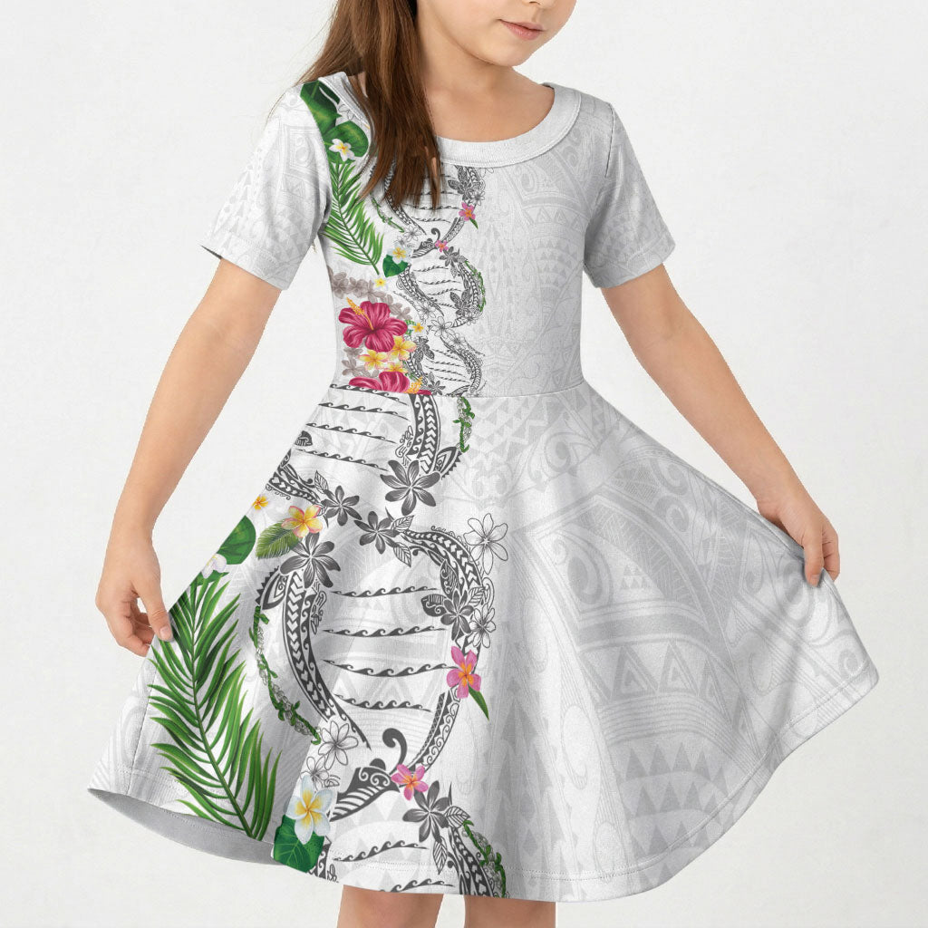 Hawaii DNA Kakau Tattoo Kid Short Sleeve Dress with Plumeria and Hibiscus Tropical Plants White Color LT03 KID White - Polynesian Pride