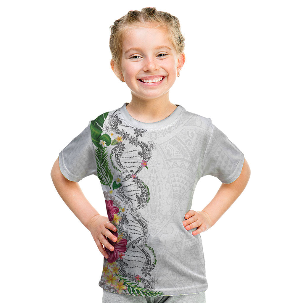 Hawaii DNA Kakau Tattoo Kid T Shirt with Plumeria and Hibiscus Tropical Plants White Color LT03 White - Polynesian Pride
