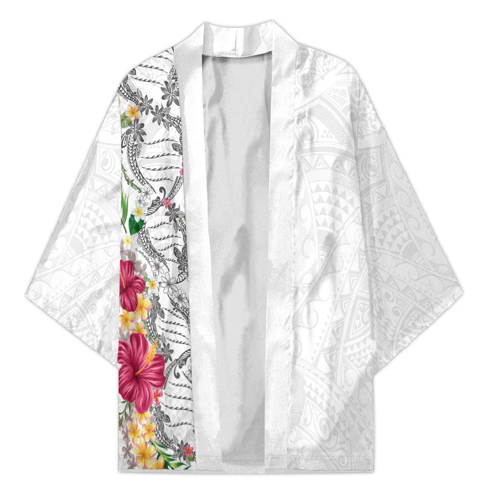 Hawaii DNA Kakau Tattoo Kimono with Plumeria and Hibiscus Tropical Plants White Color LT03 Unisex White - Polynesian Pride