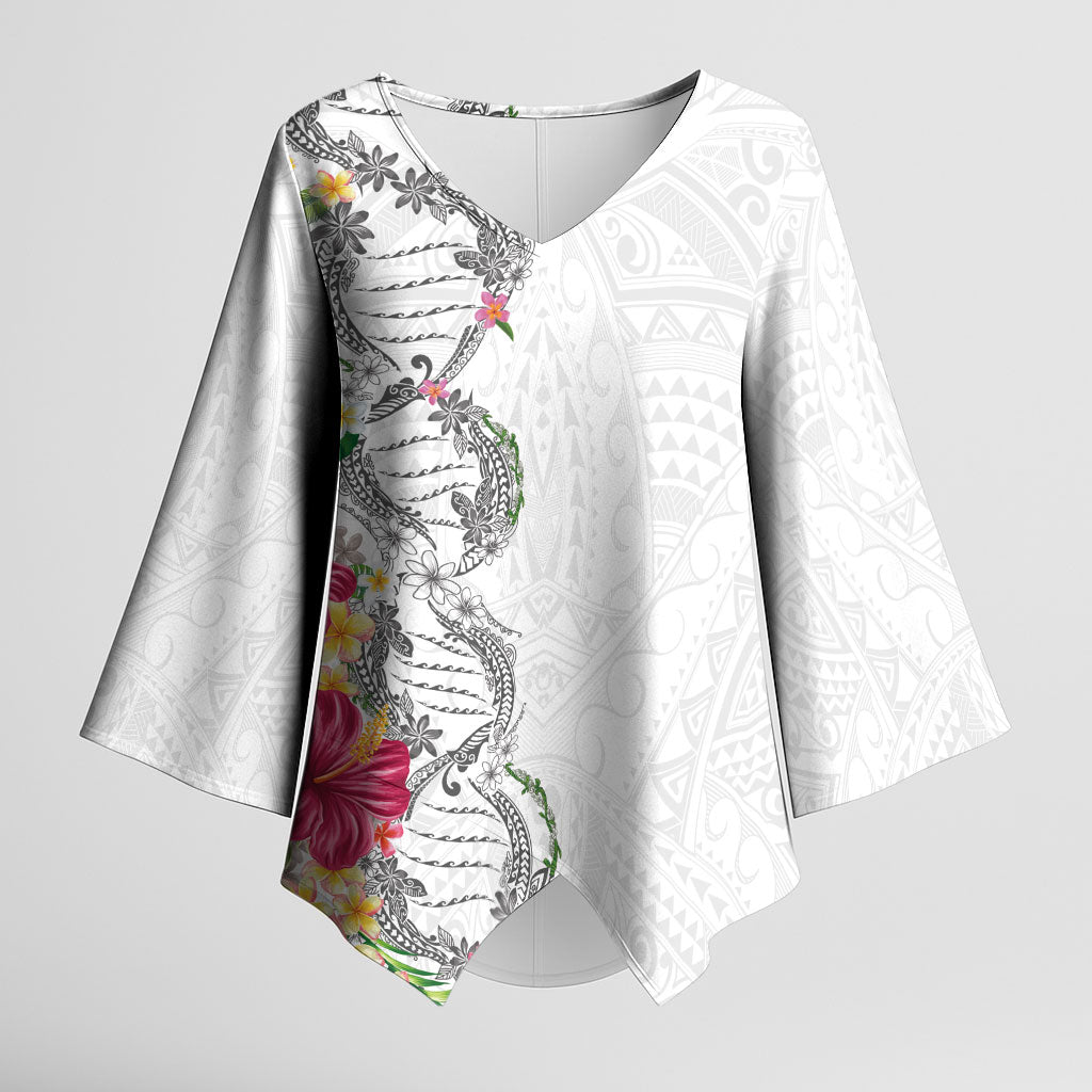 Hawaii DNA Kakau Tattoo Kimono Sleeve Blouse with Plumeria and Hibiscus Tropical Plants White Color LT03 Female White - Polynesian Pride