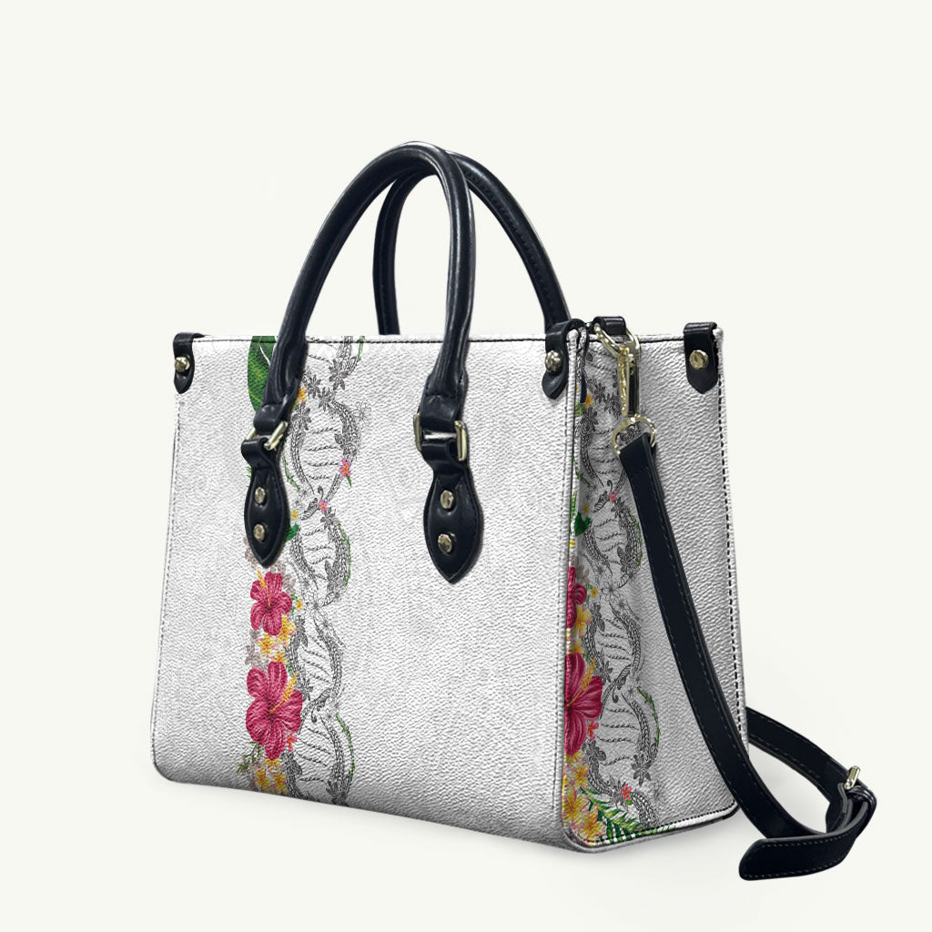Hawaii DNA Kakau Tattoo Leather Bag with Plumeria and Hibiscus Tropical Plants White Color LT03 White - Polynesian Pride