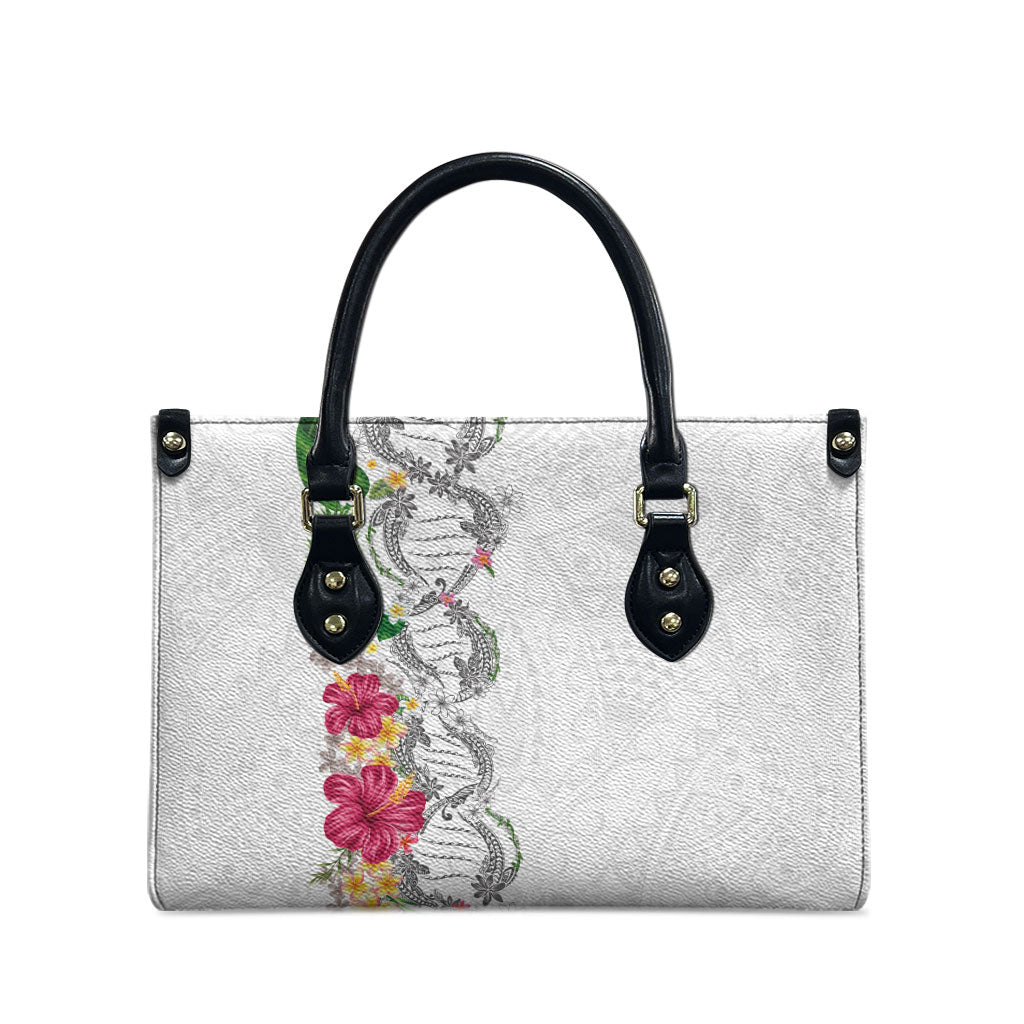 Hawaii DNA Kakau Tattoo Leather Bag with Plumeria and Hibiscus Tropical Plants White Color LT03 - Polynesian Pride
