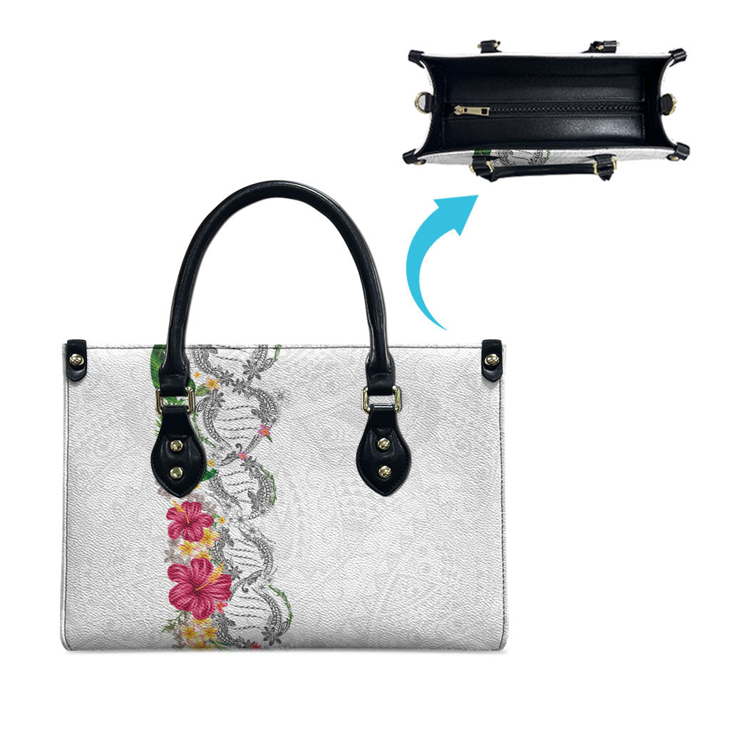 Hawaii DNA Kakau Tattoo Leather Bag with Plumeria and Hibiscus Tropical Plants White Color LT03 - Polynesian Pride