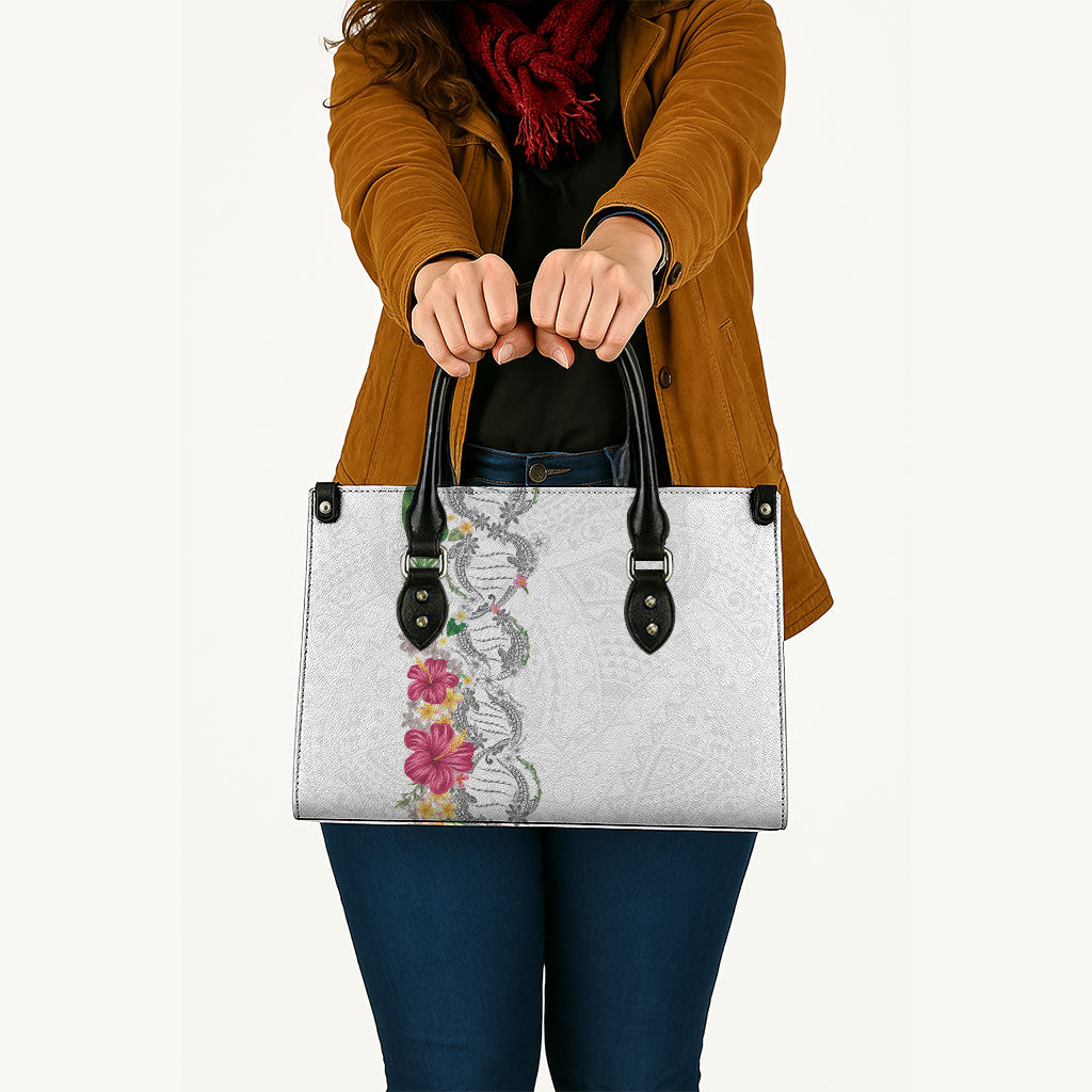 Hawaii DNA Kakau Tattoo Leather Bag with Plumeria and Hibiscus Tropical Plants White Color LT03 - Polynesian Pride