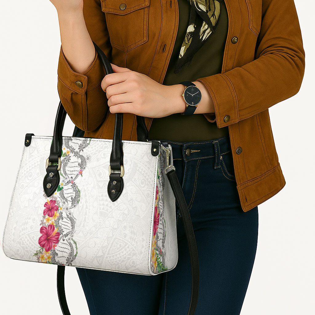 Hawaii DNA Kakau Tattoo Leather Bag with Plumeria and Hibiscus Tropical Plants White Color LT03 - Polynesian Pride