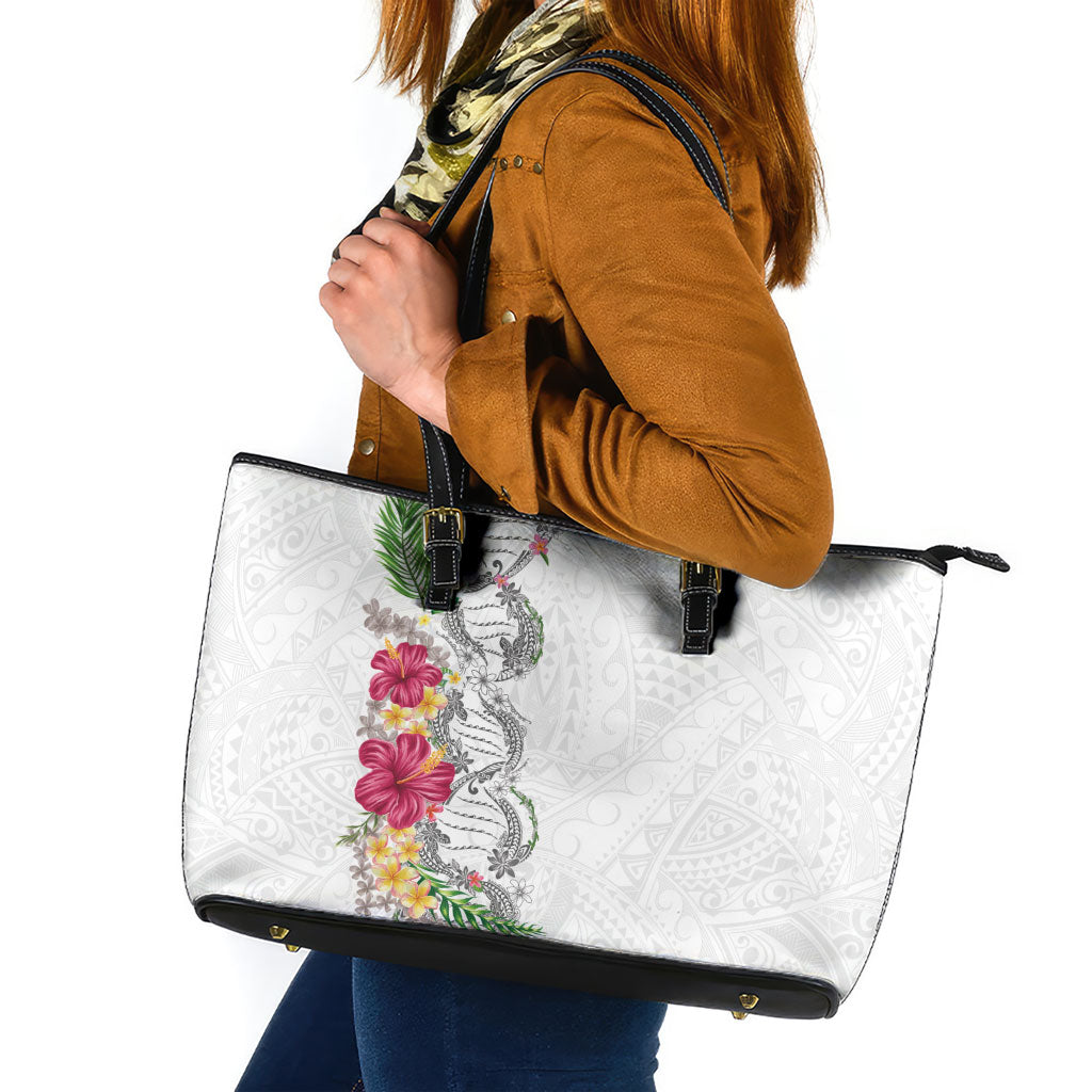 Hawaii DNA Kakau Tattoo Leather Tote Bag with Plumeria and Hibiscus Tropical Plants White Color LT03 White - Polynesian Pride
