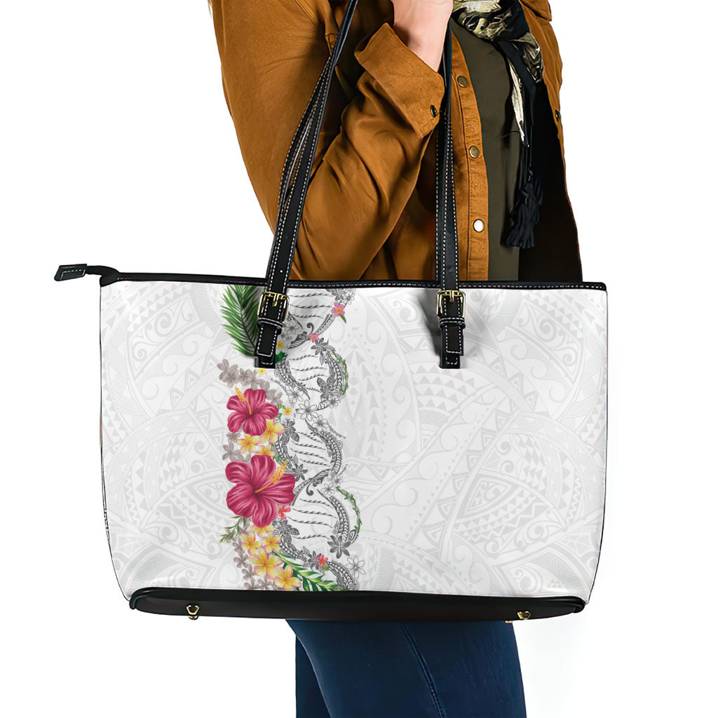 Hawaii DNA Kakau Tattoo Leather Tote Bag with Plumeria and Hibiscus Tropical Plants White Color LT03 - Polynesian Pride