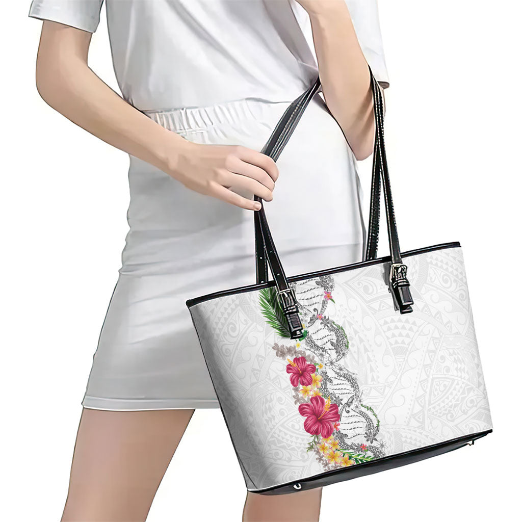 Hawaii DNA Kakau Tattoo Leather Tote Bag with Plumeria and Hibiscus Tropical Plants White Color LT03 - Polynesian Pride
